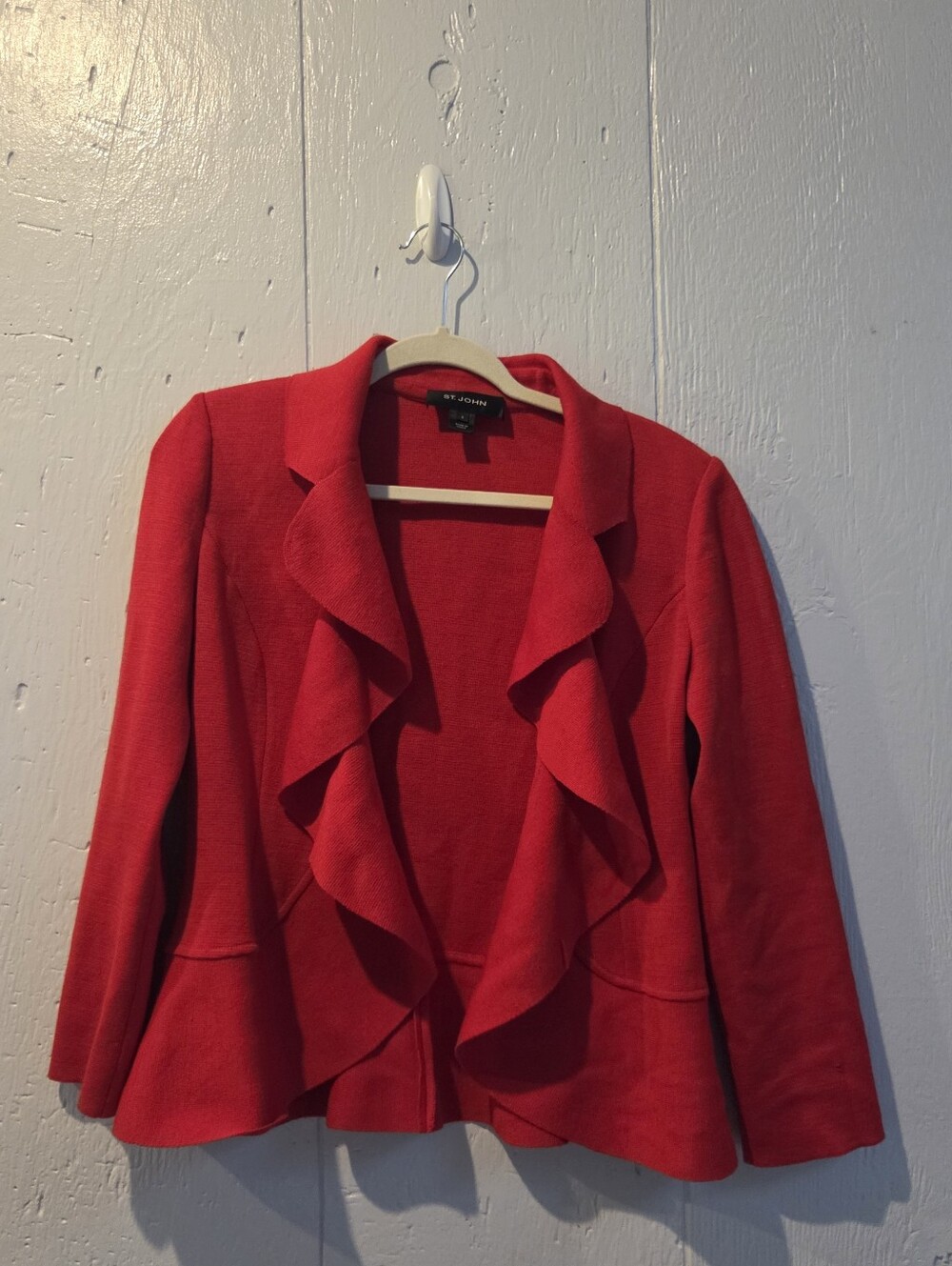 St. John Vibrant Red Ruffle-Front Wool Santana Knit Jacket